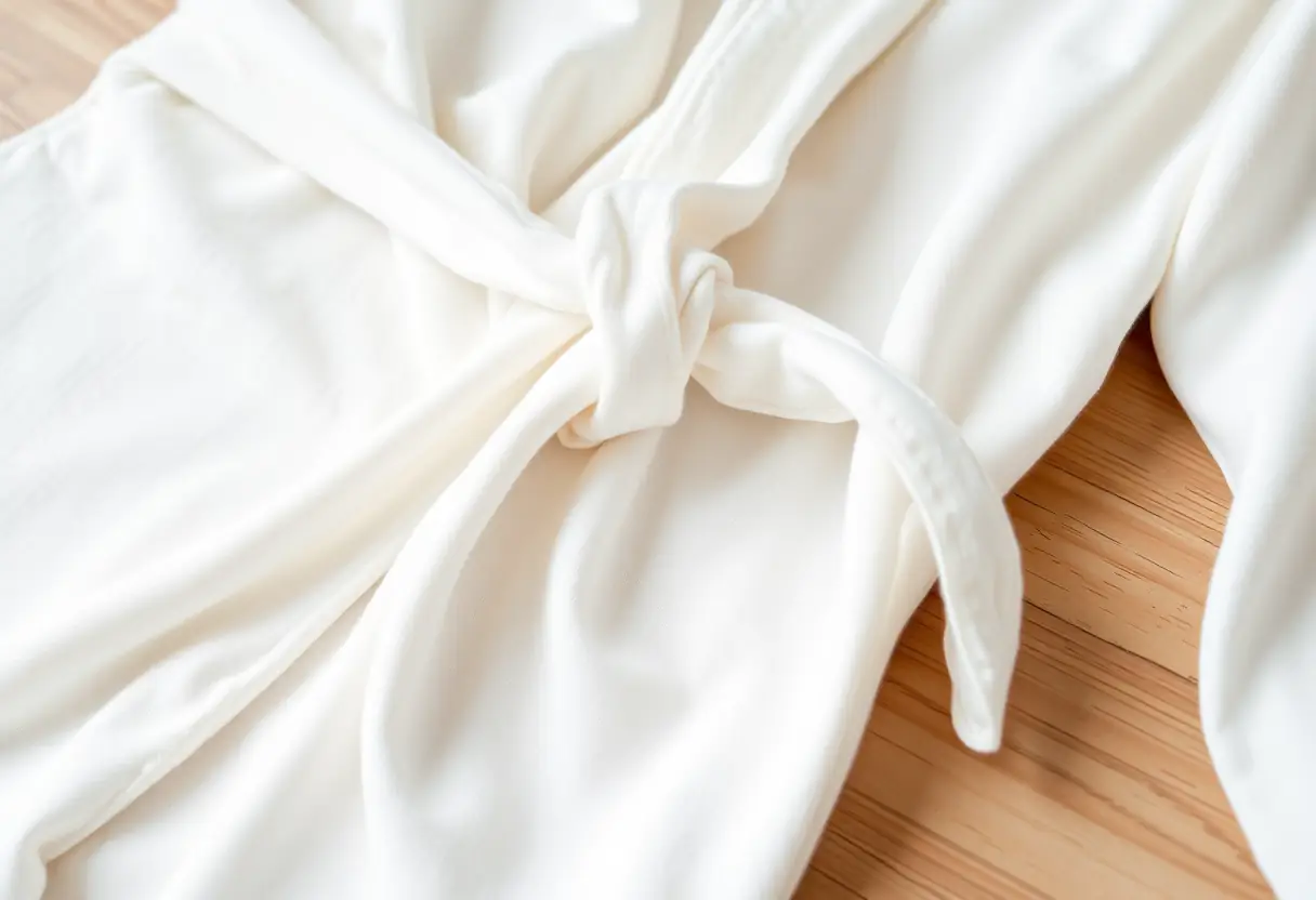 Un simple pull de robe en jersey repose sur une table, soulignant son doux toucher
