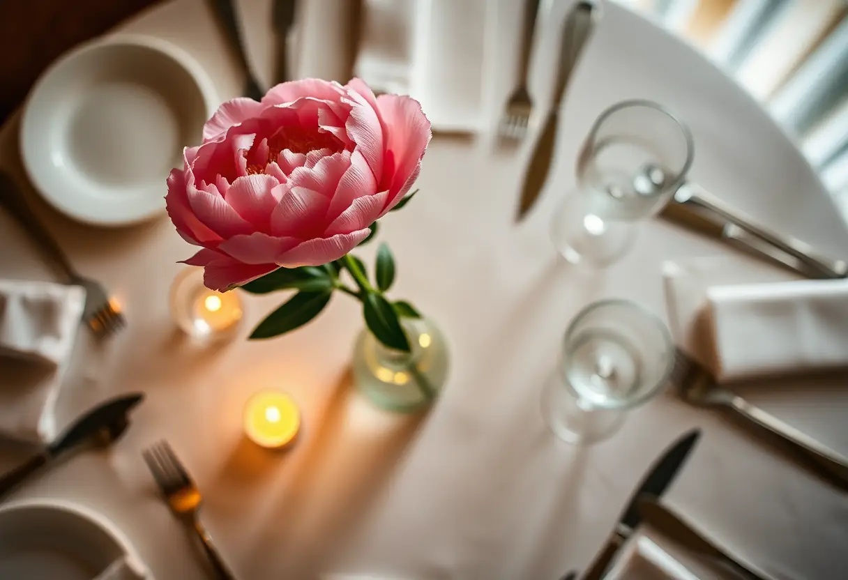 Vase avec une seule fleur de pivoine rose sur une table de fête