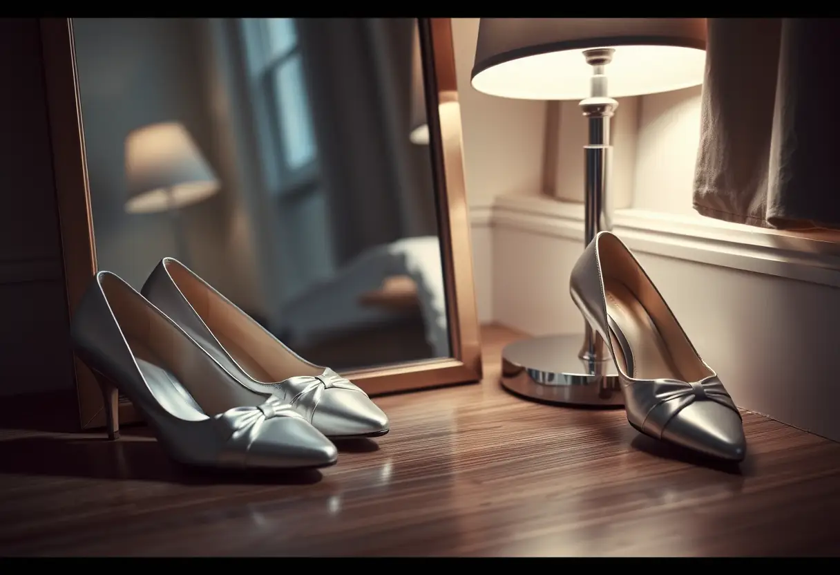 Des chaussures habillées de satin placées près d’un miroir, soulignant leur finition brillante