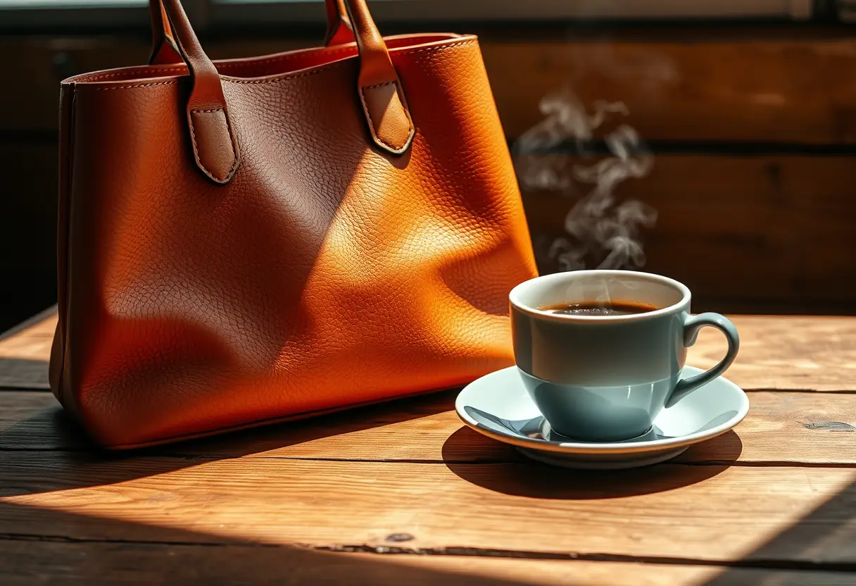 Un sac à main couleur terracotta posé près d'une tasse de café sur une table en bois brut