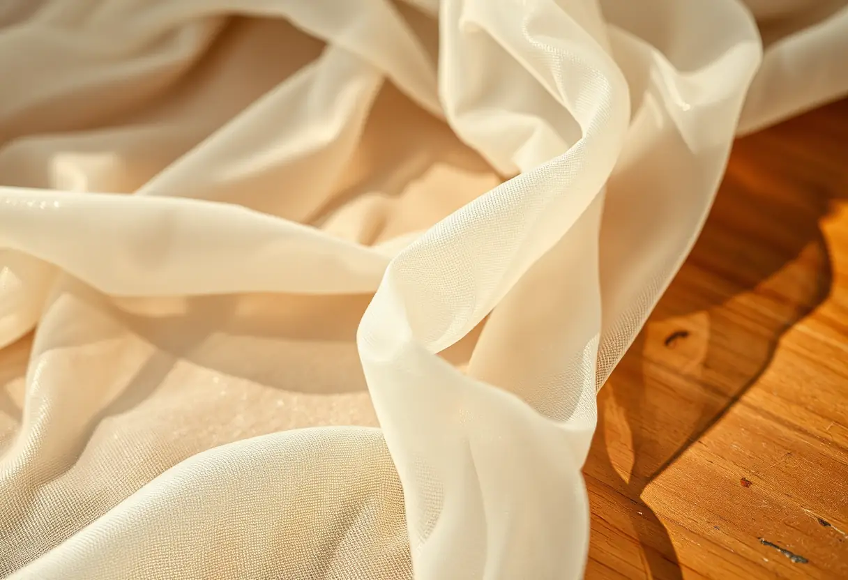 Un échantillon de tulle posé sur une table en bois, ses variations de couleur apparentes