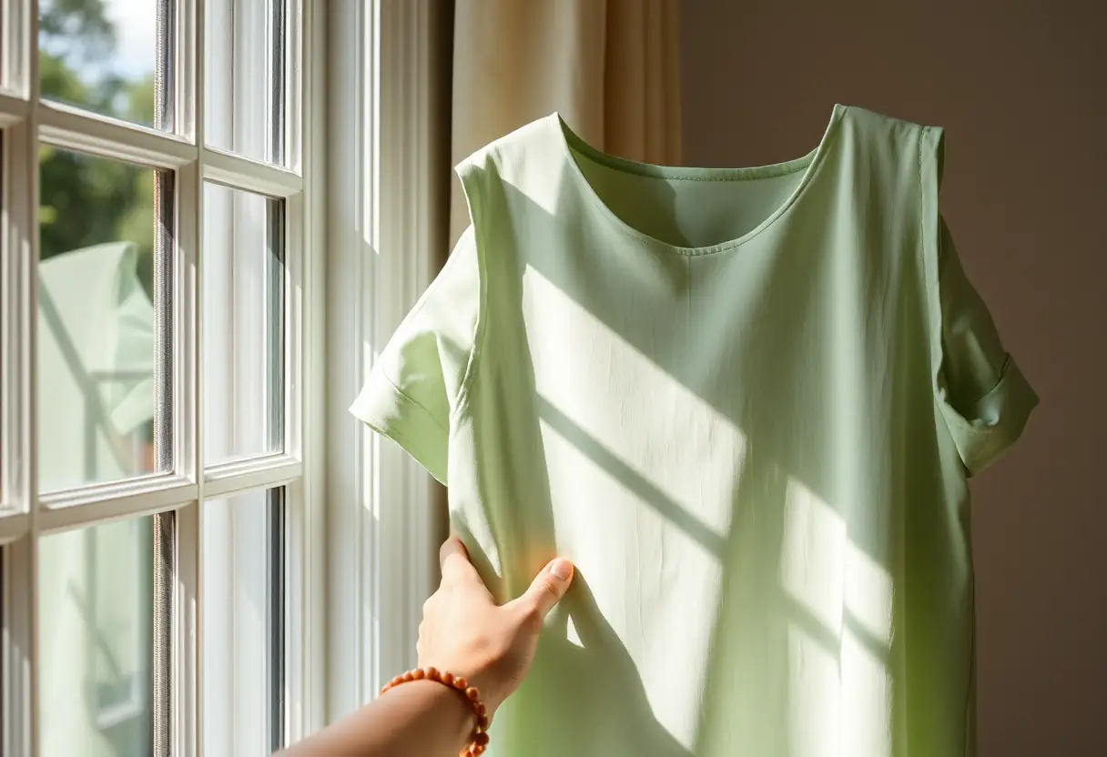 Une main tenant une robe verte pâle repassée contre une fenêtre