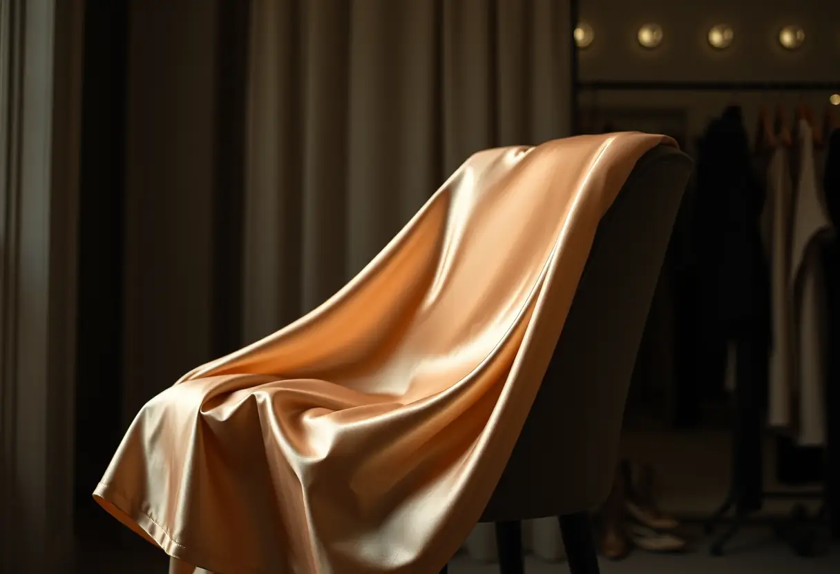 Tissu en soie étalé sur un fauteuil dans une salle de déshabillage