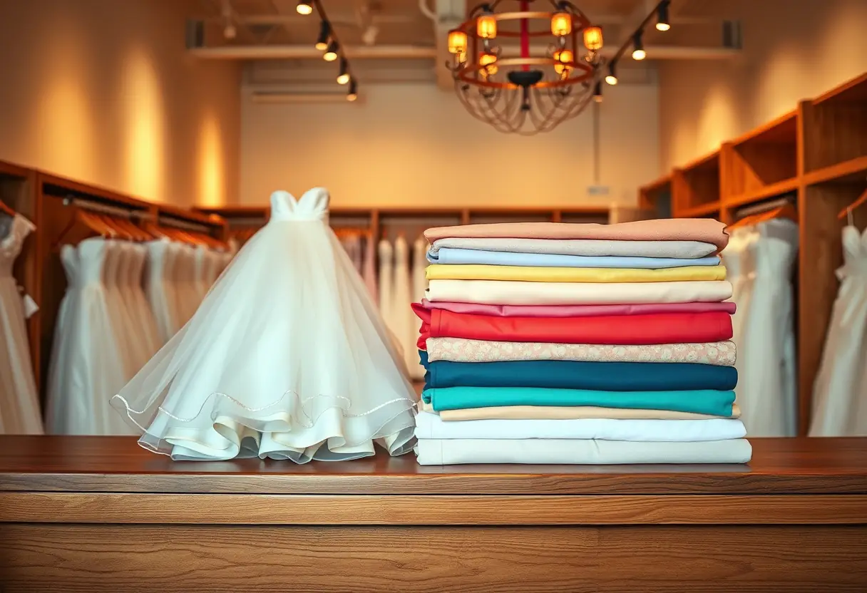 Des robes de mariée colorées empilées sur une étagère dans une boutique de mariages